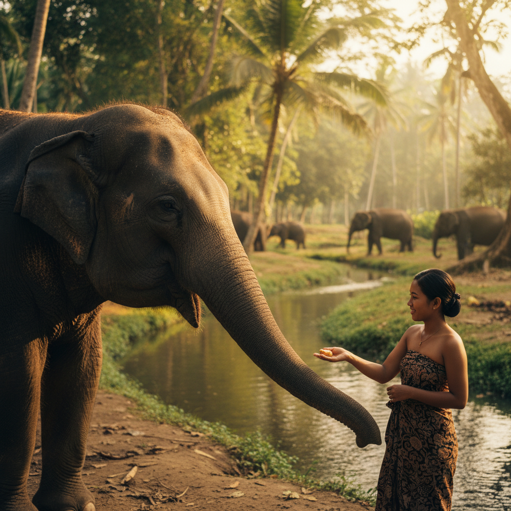 Mason Adventures Elephant Park rescued Sumatran elephants walking with mahouts in 14-hectare forest sanctuary near Taro Ubud Bali